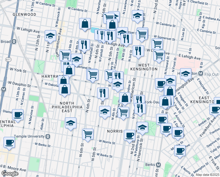 map of restaurants, bars, coffee shops, grocery stores, and more near 2350 North Lawrence Street in Philadelphia