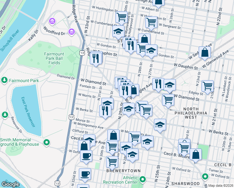 map of restaurants, bars, coffee shops, grocery stores, and more near 2920 Ridge Avenue in Philadelphia
