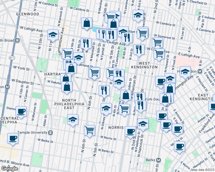map of restaurants, bars, coffee shops, grocery stores, and more near 2347 North 5th Street in Philadelphia