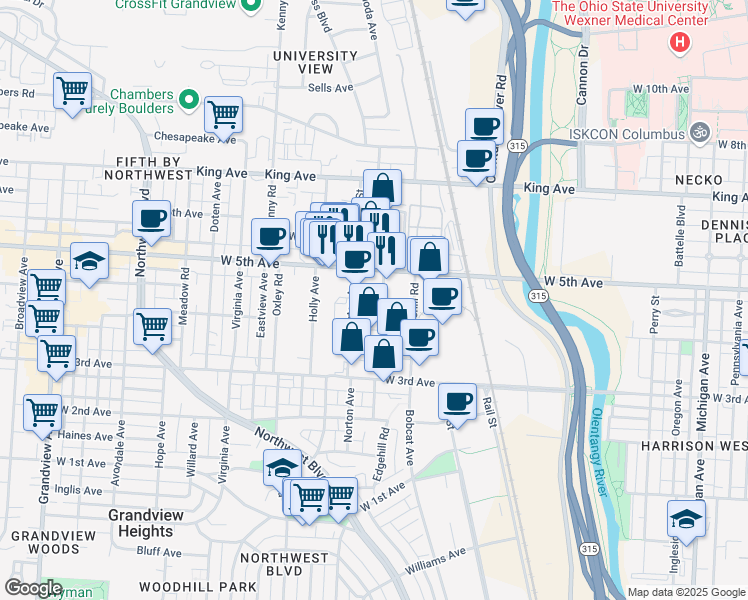 map of restaurants, bars, coffee shops, grocery stores, and more near 921 South Avenue in Columbus