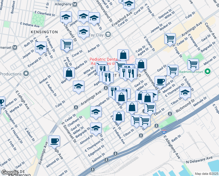 map of restaurants, bars, coffee shops, grocery stores, and more near 2353 E Clearfield St in Philadelphia