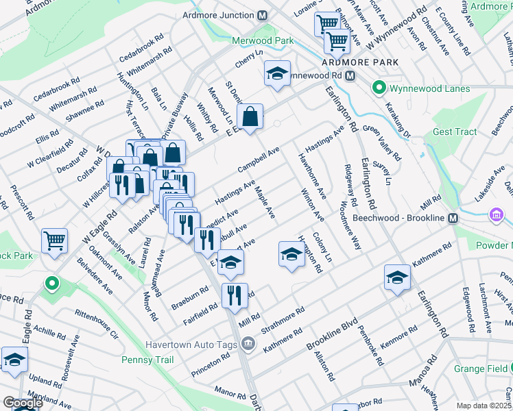 map of restaurants, bars, coffee shops, grocery stores, and more near 137 East Benedict Avenue in Havertown