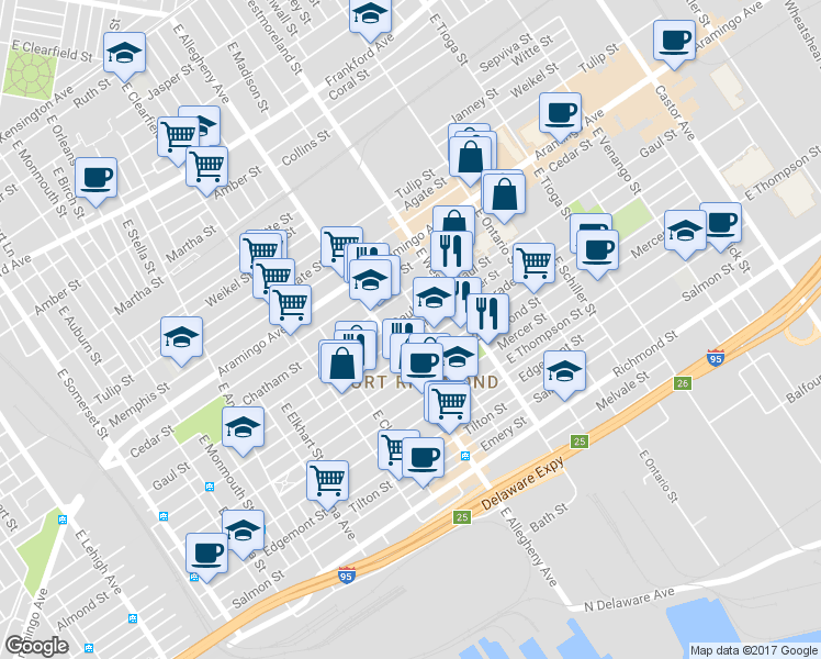 map of restaurants, bars, coffee shops, grocery stores, and more near 3230 Miller Street in Philadelphia