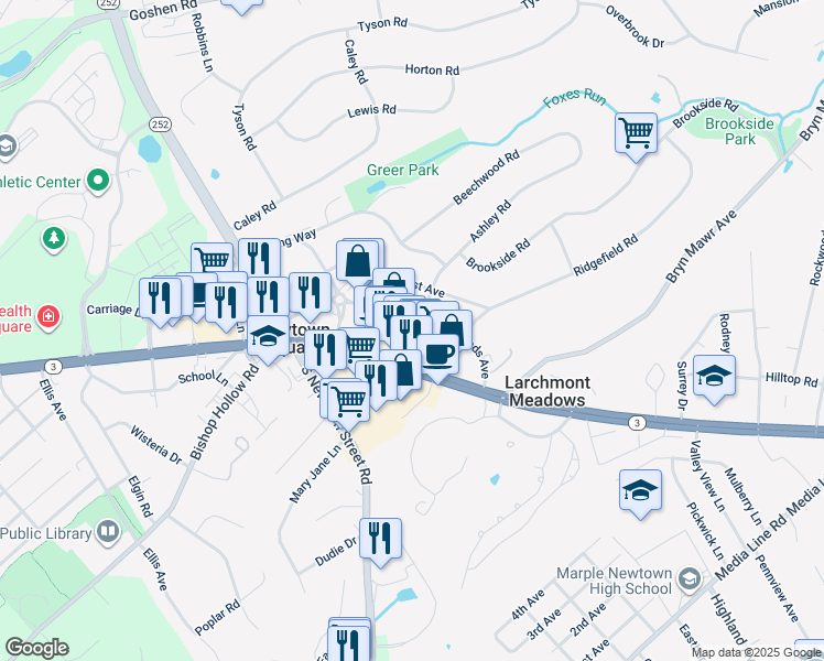 map of restaurants, bars, coffee shops, grocery stores, and more near 3530 Rhoads Avenue in Newtown Square