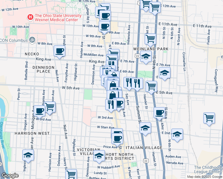 map of restaurants, bars, coffee shops, grocery stores, and more near N High St & W 5th Ave in Columbus