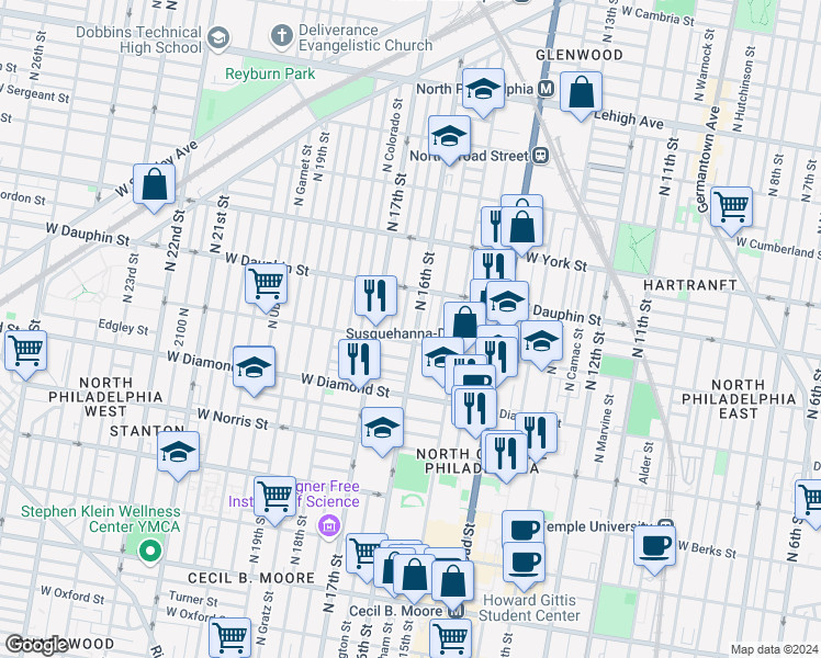 map of restaurants, bars, coffee shops, grocery stores, and more near 2216 North 16th Street in Philadelphia