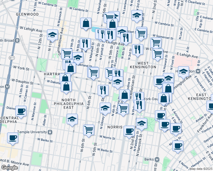map of restaurants, bars, coffee shops, grocery stores, and more near 2347 North 5th Street in Philadelphia