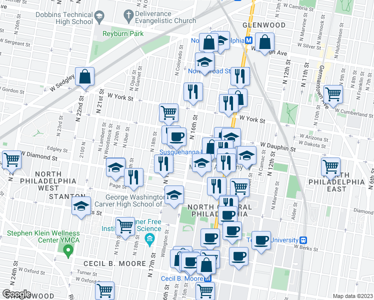 map of restaurants, bars, coffee shops, grocery stores, and more near 2216 North 16th Street in Philadelphia