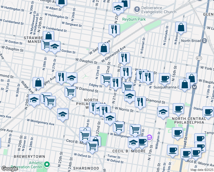 map of restaurants, bars, coffee shops, grocery stores, and more near 2129 North 22nd Street in Philadelphia