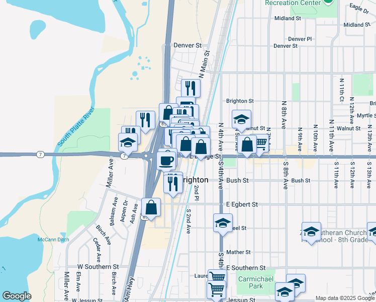 map of restaurants, bars, coffee shops, grocery stores, and more near 5 North Main Street in Brighton