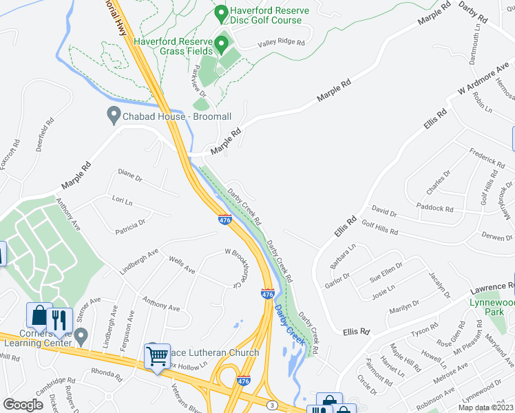 map of restaurants, bars, coffee shops, grocery stores, and more near 105 Terra Alta Circle in Havertown