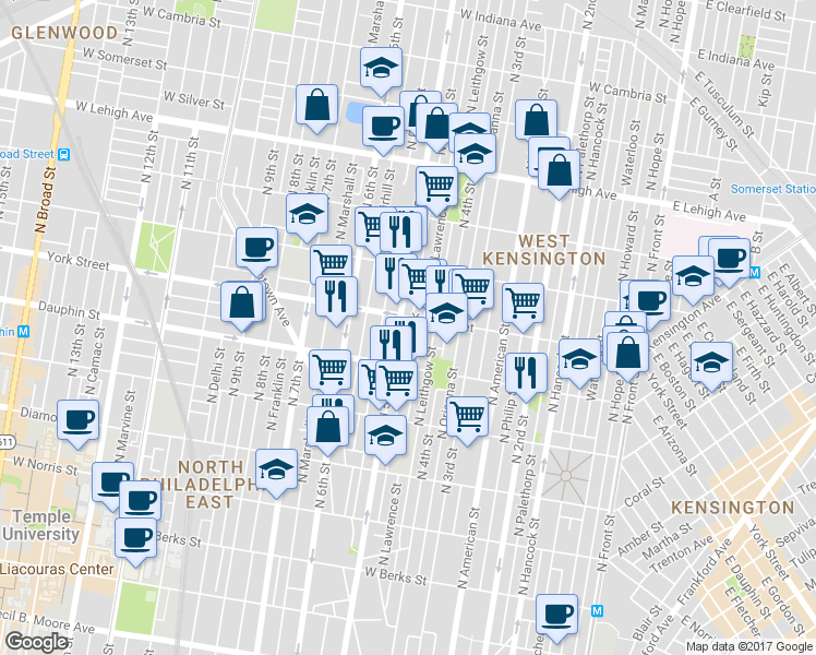 map of restaurants, bars, coffee shops, grocery stores, and more near 2350 North Orkney Street in Philadelphia