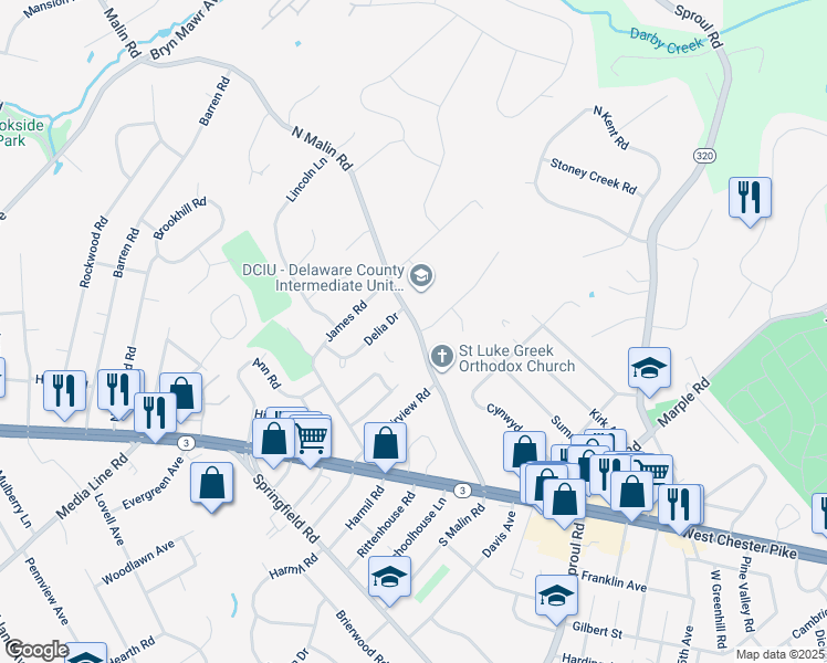 map of restaurants, bars, coffee shops, grocery stores, and more near 59-61 North Malin Road in Broomall