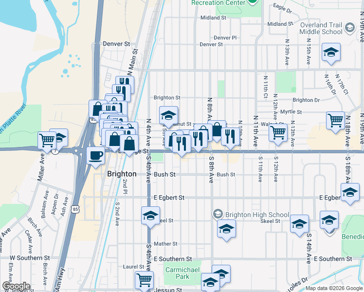 map of restaurants, bars, coffee shops, grocery stores, and more near 607 East Bridge Street in Brighton