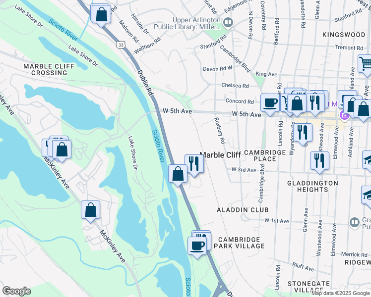 map of restaurants, bars, coffee shops, grocery stores, and more near 1500 Dublin Road in Columbus