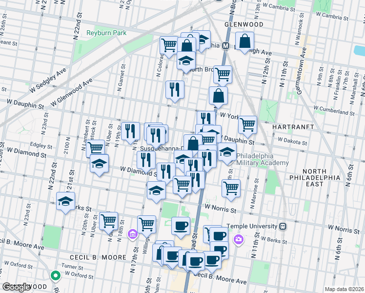 map of restaurants, bars, coffee shops, grocery stores, and more near in Philadelphia