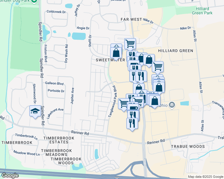map of restaurants, bars, coffee shops, grocery stores, and more near 1772 Bennigan Drive in Hilliard