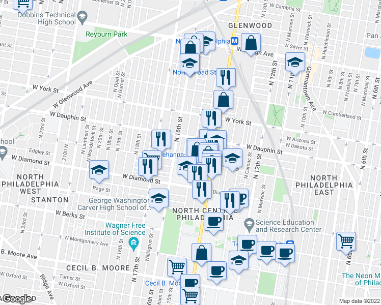 map of restaurants, bars, coffee shops, grocery stores, and more near 2224 North 15th Street in Philadelphia