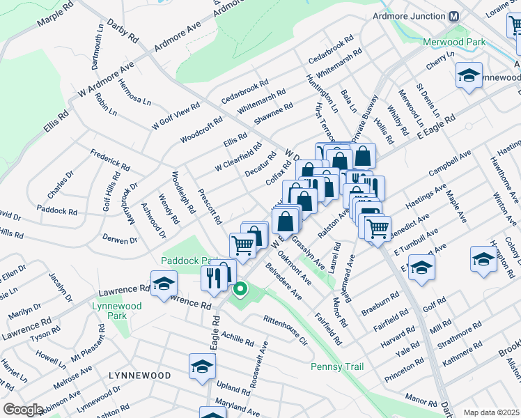map of restaurants, bars, coffee shops, grocery stores, and more near 100 West Hillcrest Avenue in Havertown