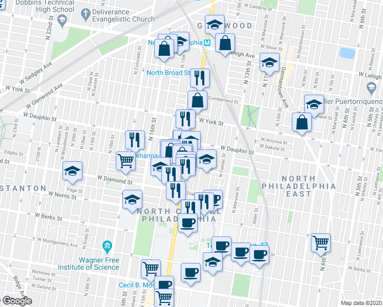 map of restaurants, bars, coffee shops, grocery stores, and more near 2231 North Broad Street in Philadelphia