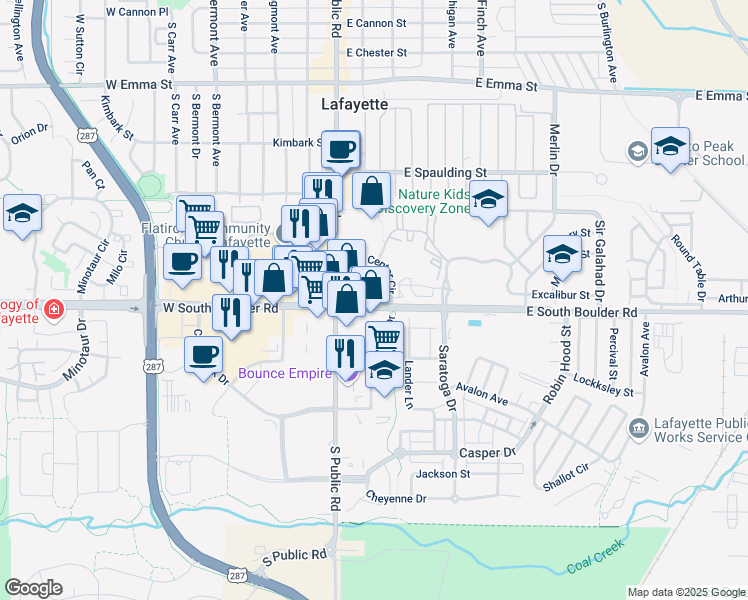 map of restaurants, bars, coffee shops, grocery stores, and more near 245 South Boulder Road in Lafayette