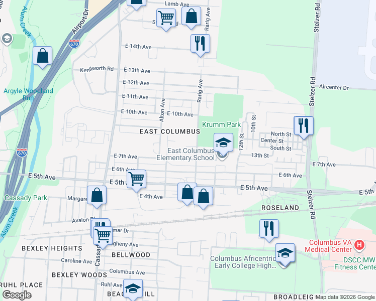 map of restaurants, bars, coffee shops, grocery stores, and more near 2989 East 8th Avenue in Columbus