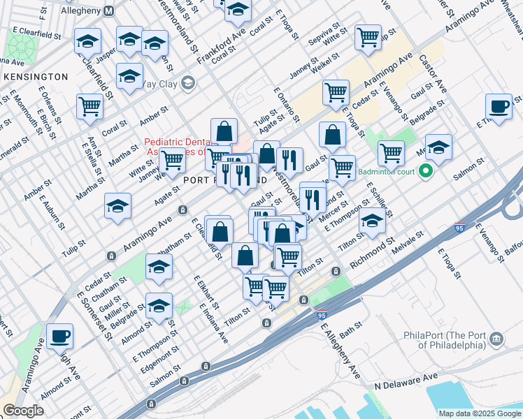 map of restaurants, bars, coffee shops, grocery stores, and more near 3228 Miller Street in Philadelphia