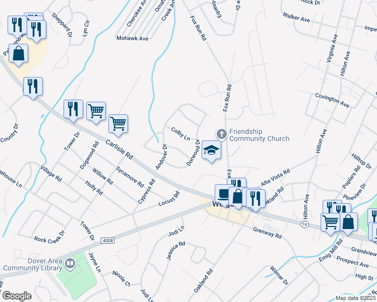 map of restaurants, bars, coffee shops, grocery stores, and more near 3313 Groton Lane in Dover