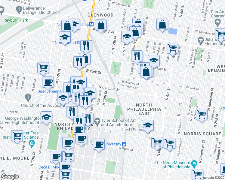 map of restaurants, bars, coffee shops, grocery stores, and more near 1118 Dauphin Street in Philadelphia