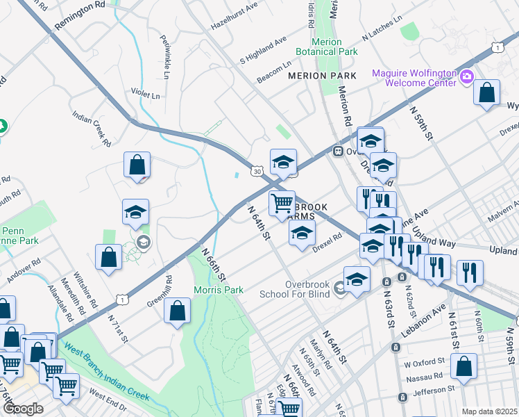 map of restaurants, bars, coffee shops, grocery stores, and more near 6391 Church Road in Philadelphia