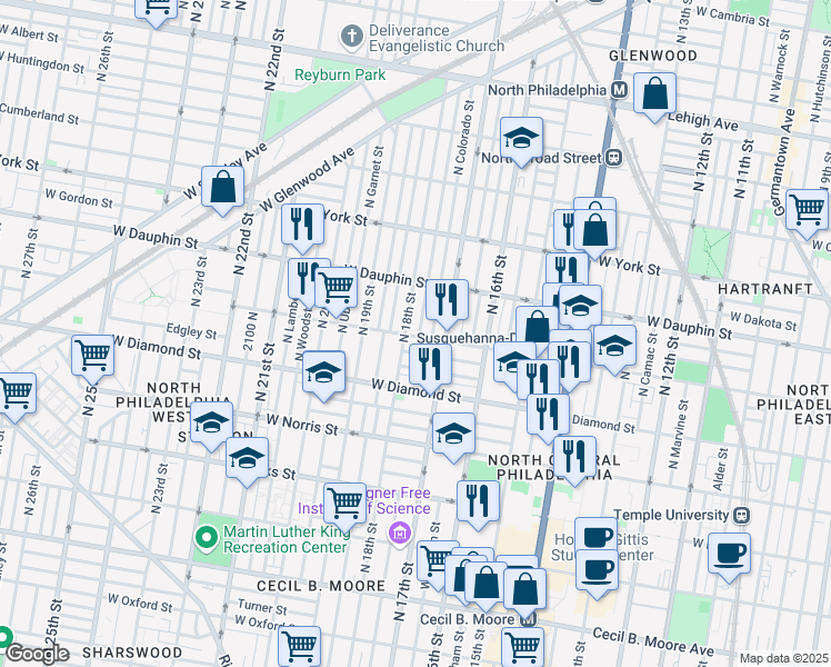 map of restaurants, bars, coffee shops, grocery stores, and more near 1718 West Susquehanna Avenue in Philadelphia