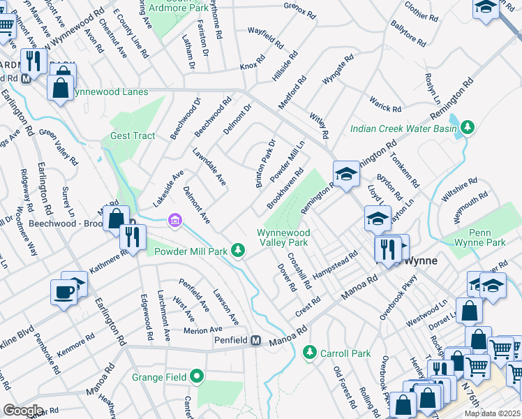 map of restaurants, bars, coffee shops, grocery stores, and more near 1625 Brookhaven Road in Wynnewood