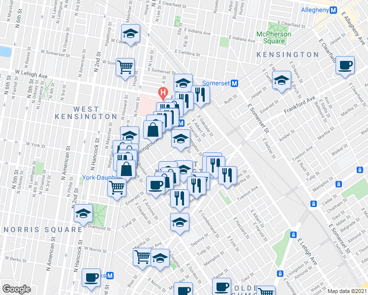 map of restaurants, bars, coffee shops, grocery stores, and more near 1904 East Hazzard Street in Philadelphia