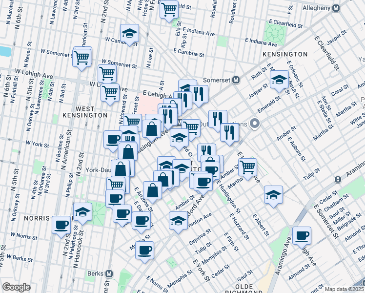 map of restaurants, bars, coffee shops, grocery stores, and more near 1904 East Hazzard Street in Philadelphia
