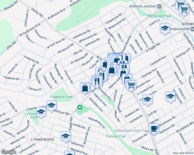 map of restaurants, bars, coffee shops, grocery stores, and more near 71 West Hillcrest Avenue in Havertown