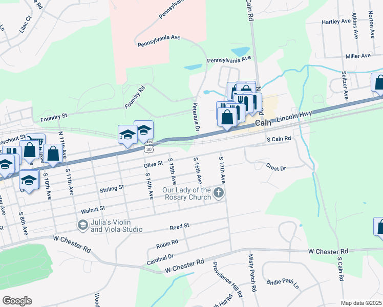 map of restaurants, bars, coffee shops, grocery stores, and more near 1515 Olive Street in Coatesville