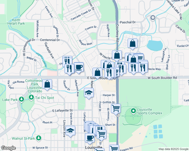 map of restaurants, bars, coffee shops, grocery stores, and more near 901 East South Boulder Road in Louisville