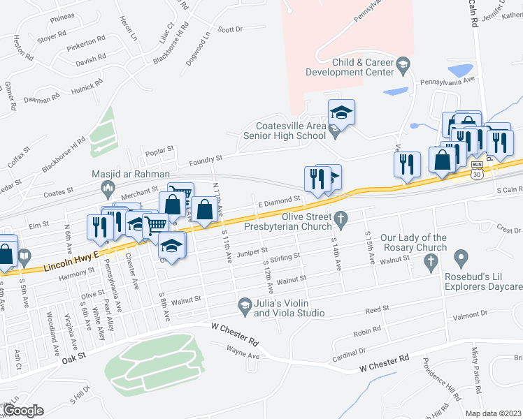map of restaurants, bars, coffee shops, grocery stores, and more near 1205 Lincoln Highway East in Coatesville