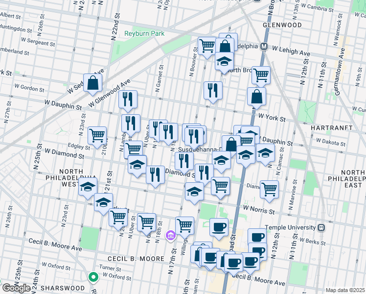 map of restaurants, bars, coffee shops, grocery stores, and more near 1718 West Susquehanna Avenue in Philadelphia