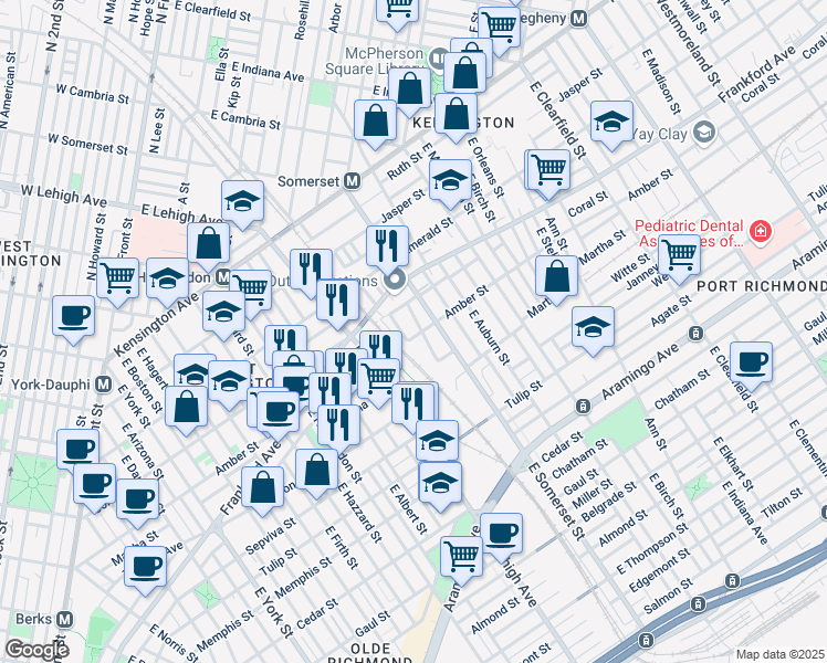 map of restaurants, bars, coffee shops, grocery stores, and more near 2740 Amber Street in Philadelphia
