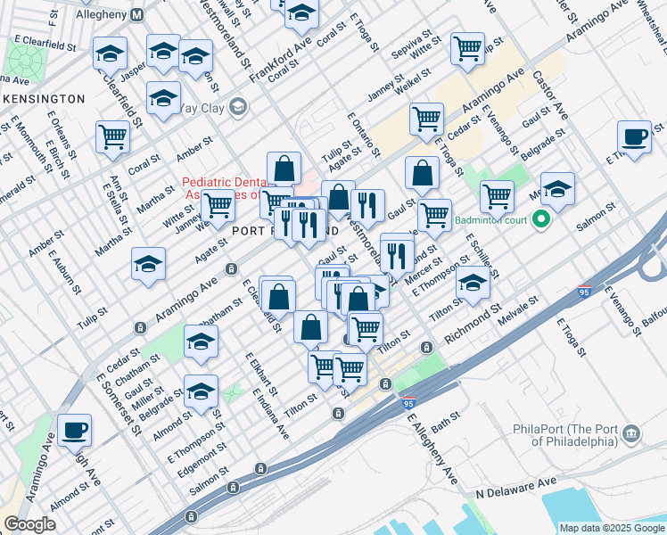 map of restaurants, bars, coffee shops, grocery stores, and more near 3230 Miller Street in Philadelphia