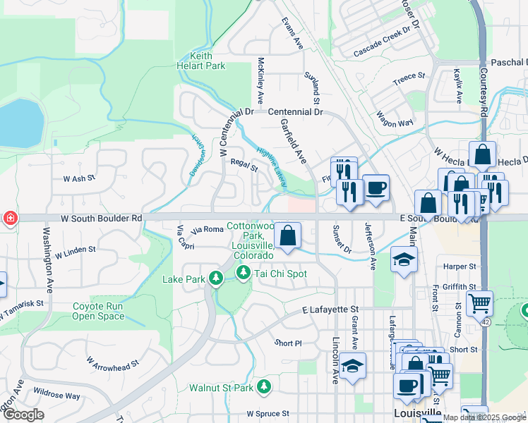 map of restaurants, bars, coffee shops, grocery stores, and more near 307 West South Boulder Road in Louisville