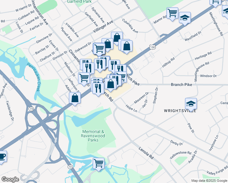 map of restaurants, bars, coffee shops, grocery stores, and more near 2103 Branch Pike in Cinnaminson