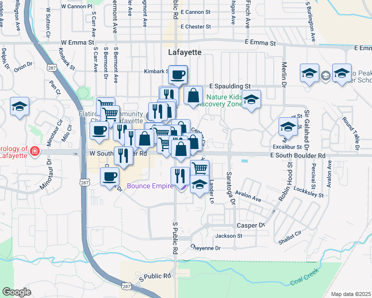 map of restaurants, bars, coffee shops, grocery stores, and more near 183 East South Boulder Road in Lafayette