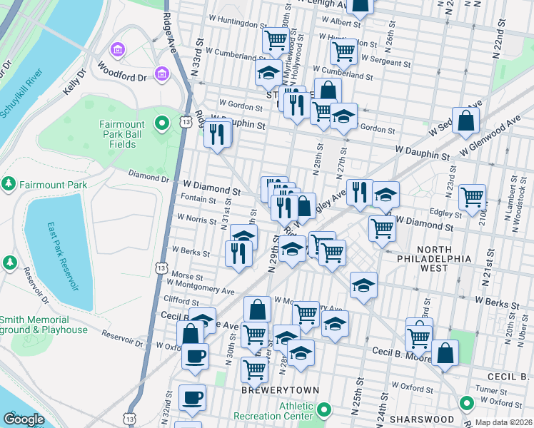 map of restaurants, bars, coffee shops, grocery stores, and more near 2928 Ridge Avenue in Philadelphia