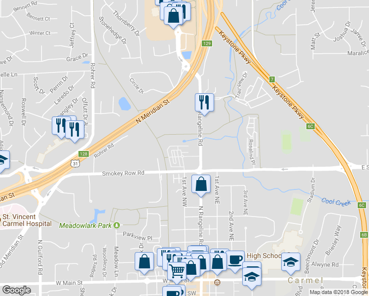 map of restaurants, bars, coffee shops, grocery stores, and more near 69 11th Street Northwest in Carmel