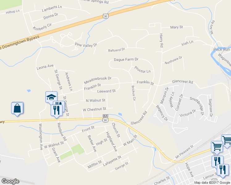 map of restaurants, bars, coffee shops, grocery stores, and more near 616 Leeward Street in Coatesville