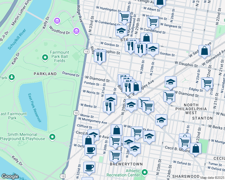 map of restaurants, bars, coffee shops, grocery stores, and more near 3016 Page Street in Philadelphia