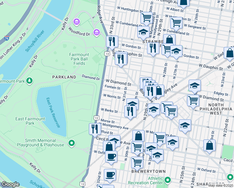 map of restaurants, bars, coffee shops, grocery stores, and more near 3136 Page Street in Philadelphia