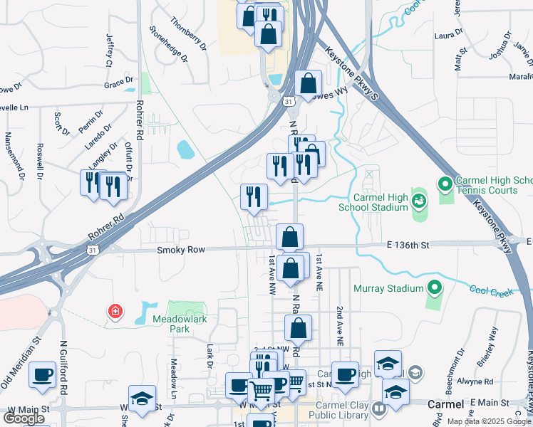 map of restaurants, bars, coffee shops, grocery stores, and more near 66 Monon Lane in Carmel